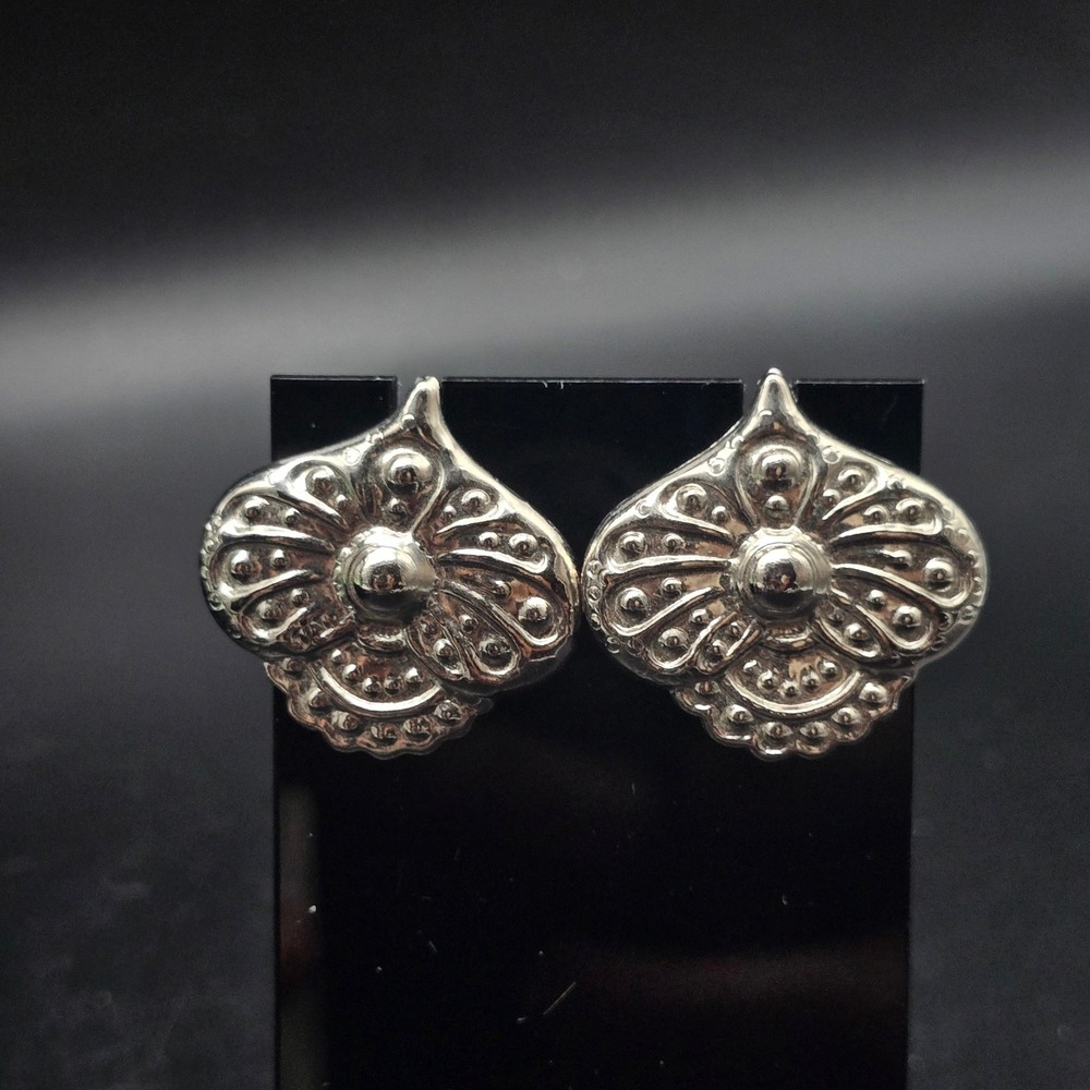 Ornate Silver Tone Tear Drop Earrings Pressed Stamped Vintage Jewelry